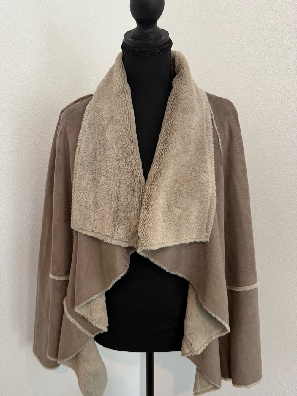 lovestitch Taupe Faux-Suede Waterfall Cape with Cream Sherpa Collar